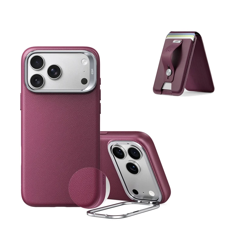 iPhone 18 Pro Atelier Silicone Leather Magnetic Case with Camera Control and Flex Stand, Plus Geo Wallet Stand Bundle - Deep Burgundy