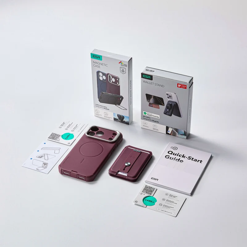 iPhone 18 Pro Cyber Tough Magnetic Case with Camera Control and Flex Stand, Plus Geo Wallet Stand Bundle - Deep Burgundy