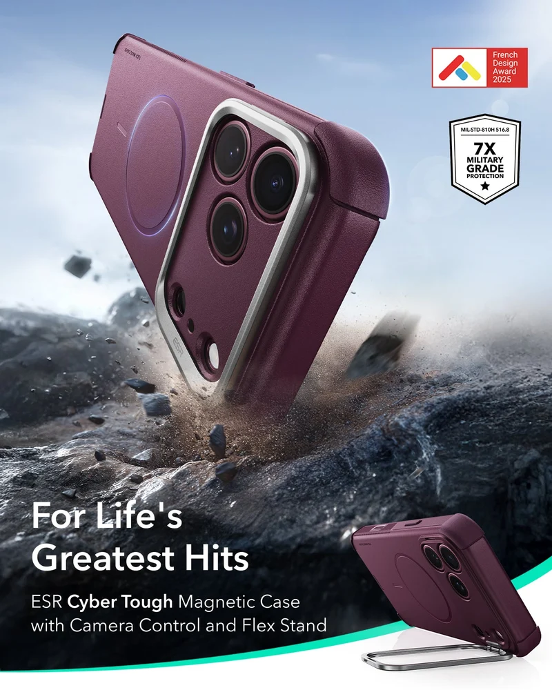 iPhone 18 Pro Cyber Tough Magnetic Case with Camera Control and Flex Stand - Deep Burgundy