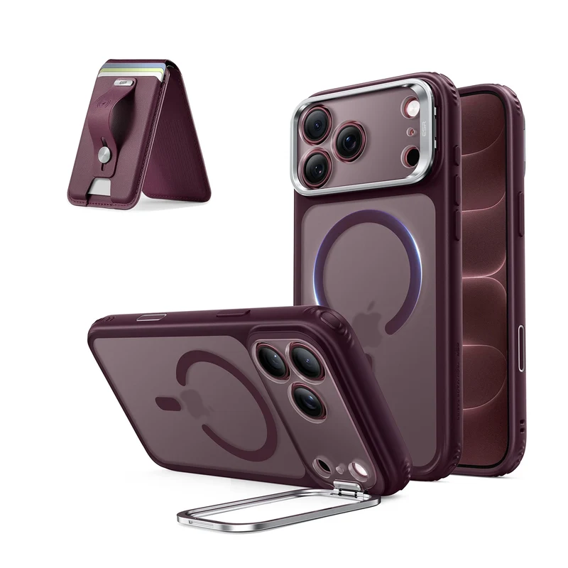 iPhone 18 Pro Max Classic Hybrid Magnetic Case with Camera Control and Flex Stand, Plus Geo Wallet Stand Bundle - Frosted Deep Burgundy