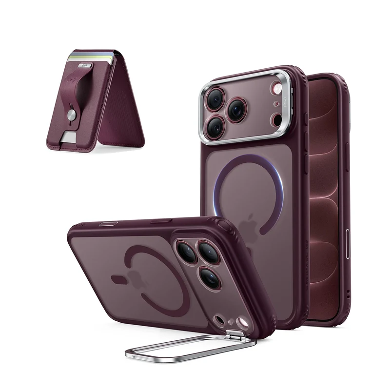 iPhone 18 Pro Classic Hybrid Magnetic Case with Camera Control and Flex Stand, Plus Geo Wallet Stand Bundle - Frosted Deep Burgundy