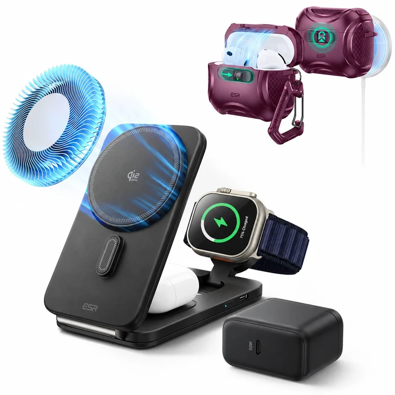25W CryoBoost Foldable 3-in-1 Magnetic Charger and AirPods Pro 3 Cyber FlickLock Case Bundle– US Plug-Black&Deep Burgundy