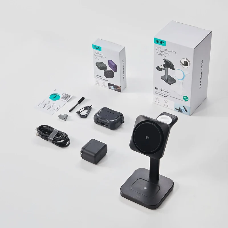 15W 3-in-1 Wireless Charging Station with CryoBoost (HaloLock) and AirPods Pro 3 Cyber Tough Case Bundle - Black - US Plug