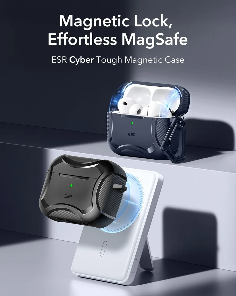 15W 3-in-1 Wireless Charging Station with CryoBoost (HaloLock) and AirPods Pro 3 Cyber Tough Case Bundle - Black - US Plug