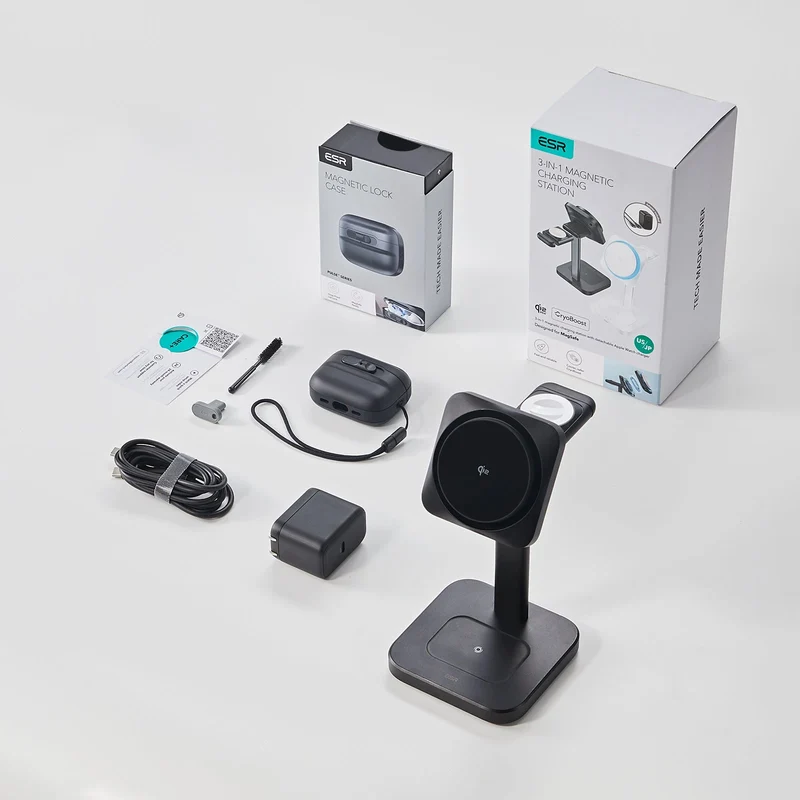 15W 3-in-1 Wireless Charging Station with CryoBoost (HaloLock) and AirPods Pro 3 Pulse FlickLock Case Bundle - Black - US Plug
