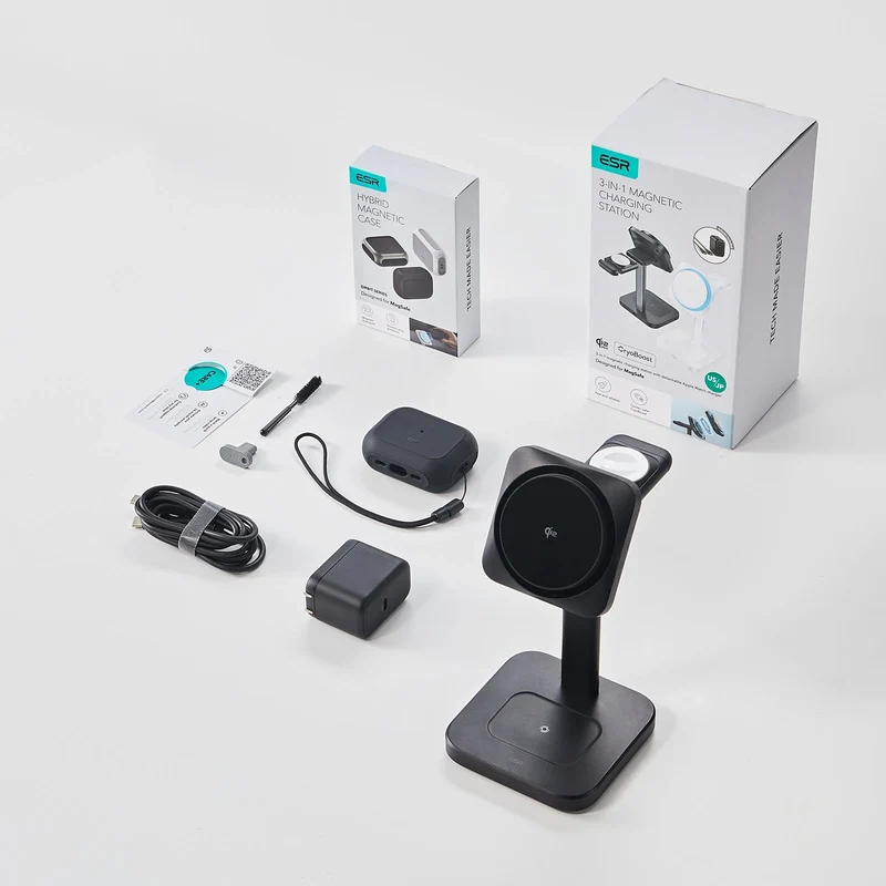 15W 3-in-1 Wireless Charging Station with CryoBoost (HaloLock) and AirPods Pro 3 Orbit Hybrid Case Bundle - Black - US Plug