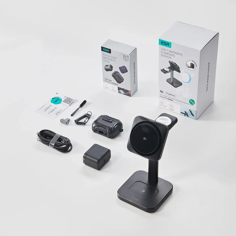 15W 3-in-1 Wireless Charging Station with CryoBoost (HaloLock) & AirPods Pro 3 Cyber FlickLock Case Bundle - Black - US Plug