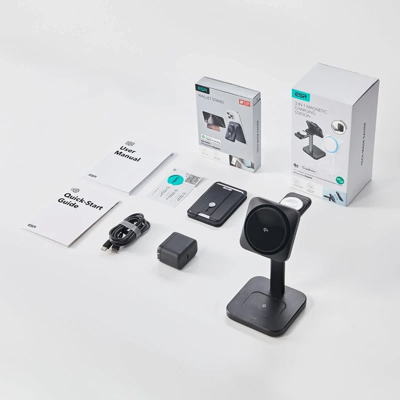 15W 3-in-1 Wireless Charging Station with CryoBoost (HaloLock) and Wallet Stand Bundle - Black - US Plug