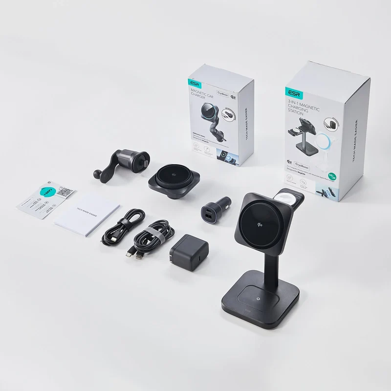 15W 3-in-1 Wireless Charging Station with CryoBoost (HaloLock) & Car Charger (Air Vent) Bundle - Black - US Plug