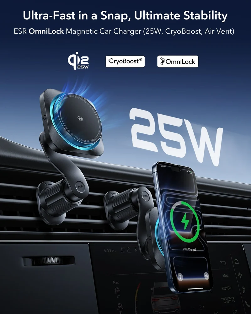15W 3-in-1 Wireless Charging Station with CryoBoost (HaloLock) & Car Charger (Air Vent) Bundle - Black - US Plug