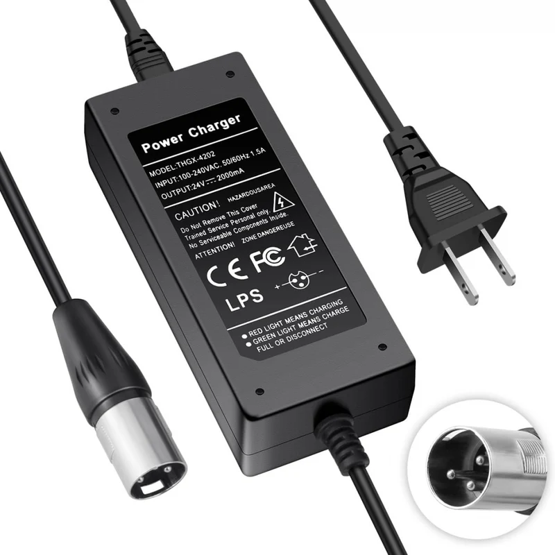 24V 2A 3-Pin XLR Electric Scooter Battery Charger for Go-Go Elite Traveller Plus HD US, Pride Mobility Scooter, Ezip Mountain Trailz, Jazzy Power Chair