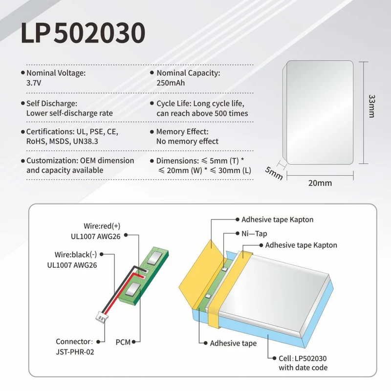 502030 Lipo 3.7V 250mAh Lithium Polymer Battery for Bluetooth Headsets
