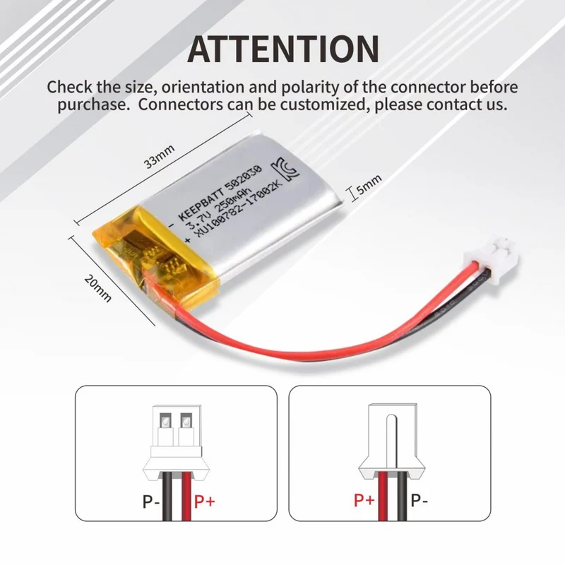 502030 Lipo 3.7V 250mAh Lithium Polymer Battery for Bluetooth Headsets