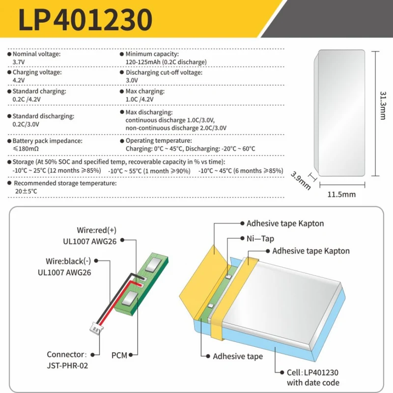 KB-LP401230 3.7V 120mAh Lipo Battery 401230 125mAh lipo polymer battery