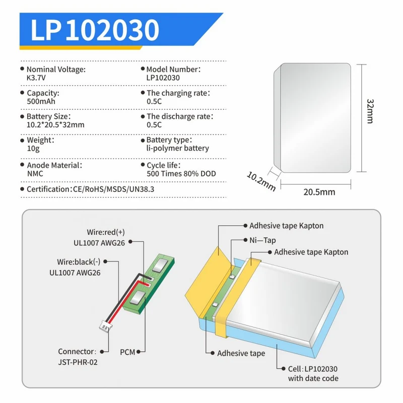 102030 LiPo Battery 3.7V 500mAh Rechargeable Lithium Polymer Battery