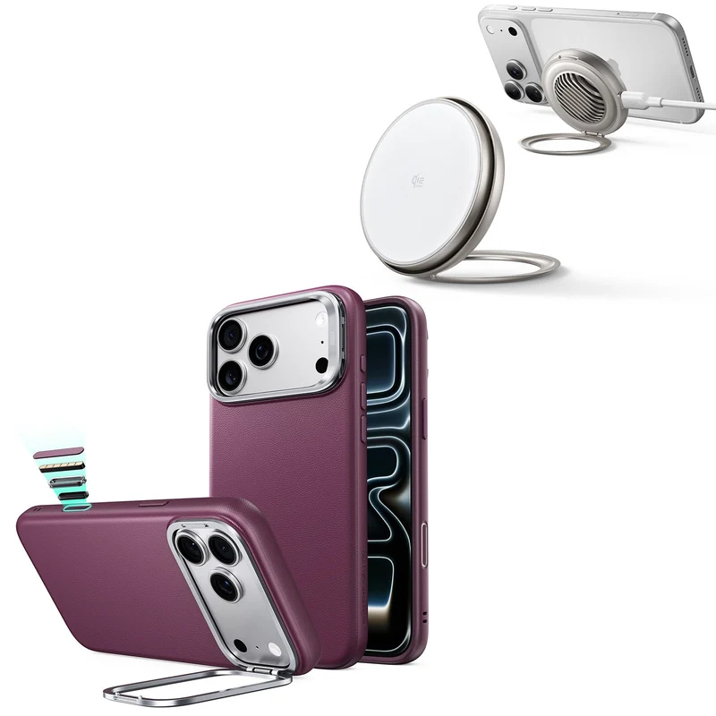 iPhone 18 Pro Max Atelier Silicone Leather Magnetic Case with Camera Control and Flex Stand, Plus Cyclone 25W Magnetic Charging Pad Bundle - Deep Burgundy