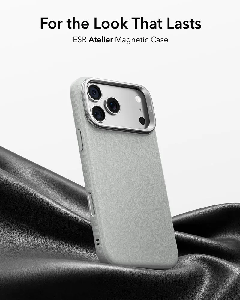 iPhone 18 Pro Max Atelier Silicone Leather Magnetic Case with Camera Control and Flex Stand - Light Gray