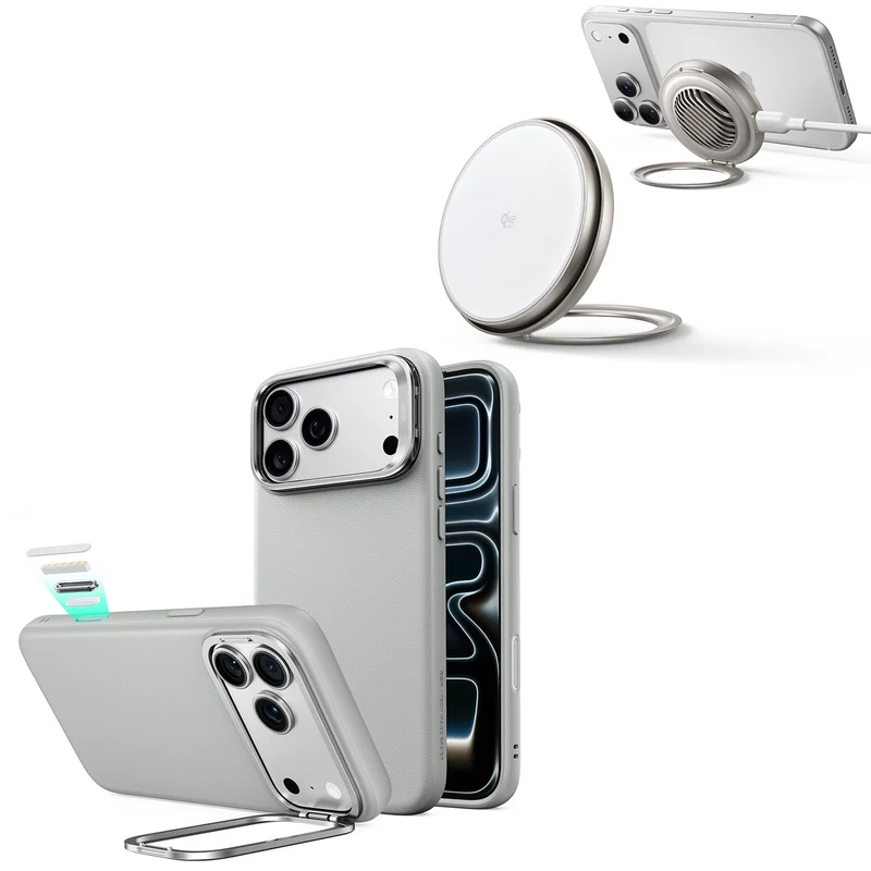 iPhone 18 Pro Atelier Silicone Leather Magnetic Case with Camera Control and Flex Stand, Plus Cyclone 25W Magnetic Charging Pad Bundle - Gray