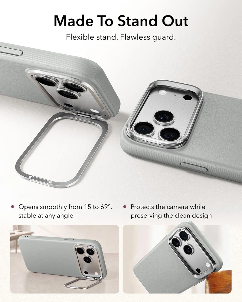 iPhone 18 Pro Bundle Atelier Silicone Leather Magnetic Case with Camera Control and Flex Stand, Plus Armorite®️ Pro Privacy Screen Protector - Light Gray