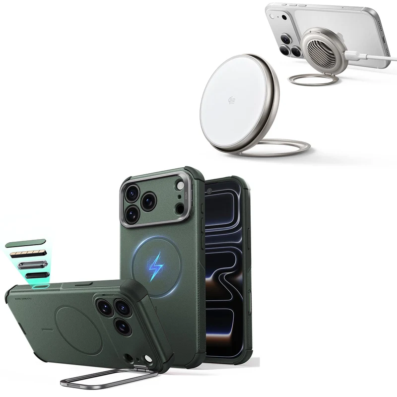iPhone 18 Pro Max Cyber Tough Magnetic Case with Camera Control and Flex Stand, Plus Cyclone 25W Magnetic Charging Pad Bundle - Olive Green