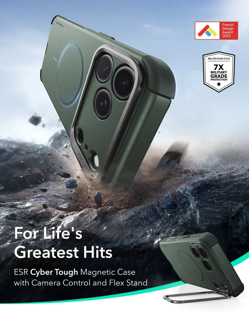 iPhone 18 Pro Cyber Tough Magnetic Case with Camera Control and Flex Stand, Plus Geo Wallet Stand Bundle - Olive Green