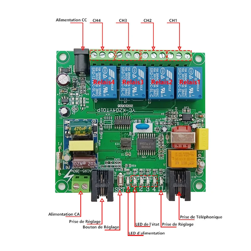CC 12V CA 220V Module de Commande Par Téléphone Sortie Relais 4 Canaux (Modèle: 0040008)