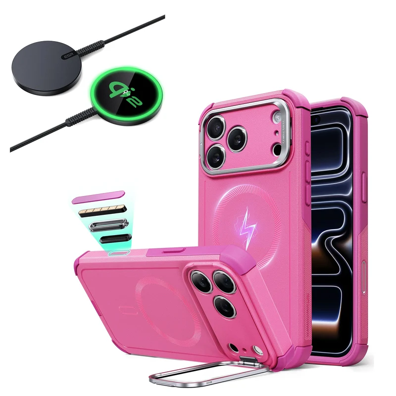iPhone 17 Pro Max Bundle Cyber Tough Magnetic Case (Camera Control, Stash Stand) and Magnetic Charging Pad (Qi2) - Rosy Pink