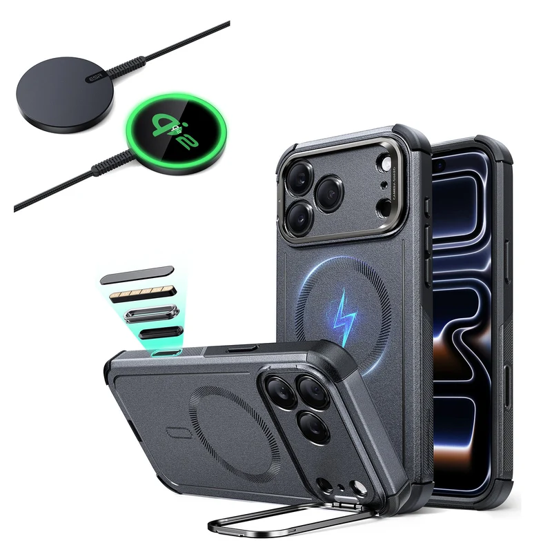 iPhone 17 Pro Max Bundle Cyber Tough Magnetic Case (Camera Control, Stash Stand) and Magnetic Charging Pad (Qi2) - Space Gray