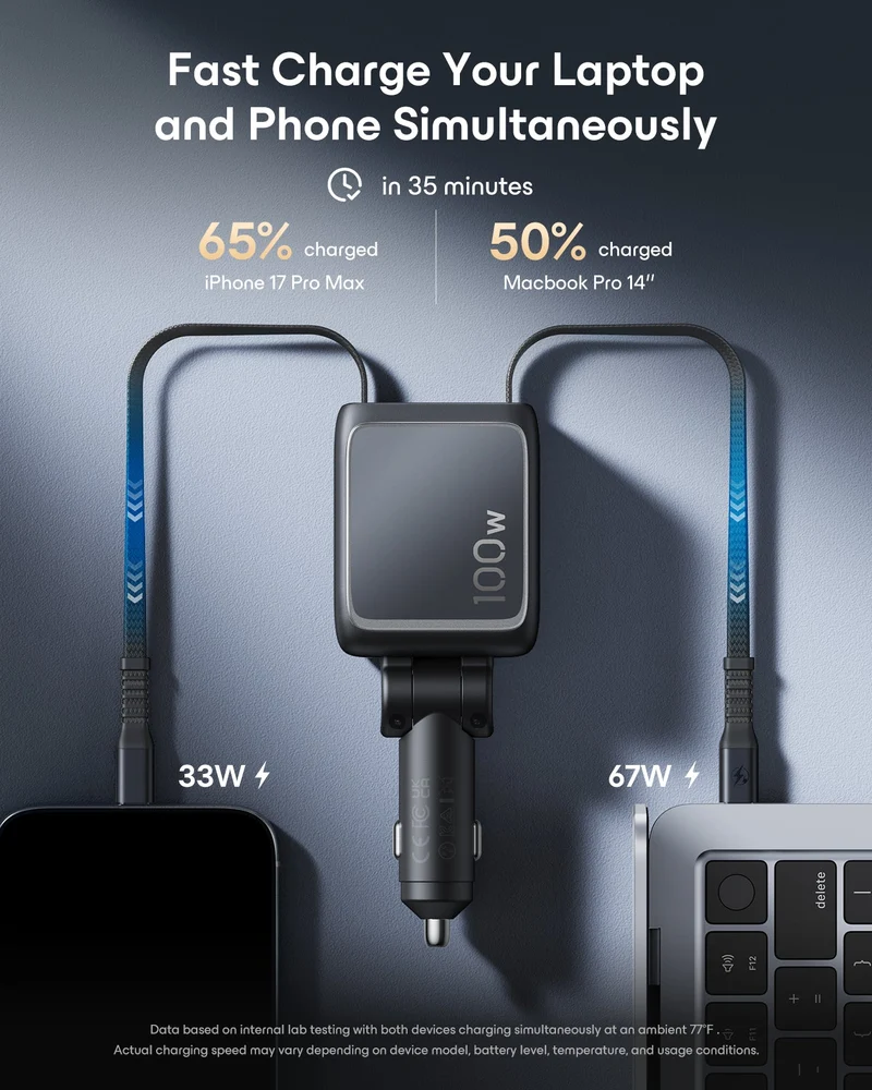 Xtend 100W Retractable Car Charger with Dual Cables - Black
