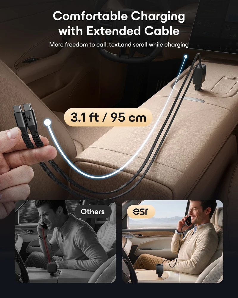 Xtend 100W Retractable Car Charger with Dual Cables - Black