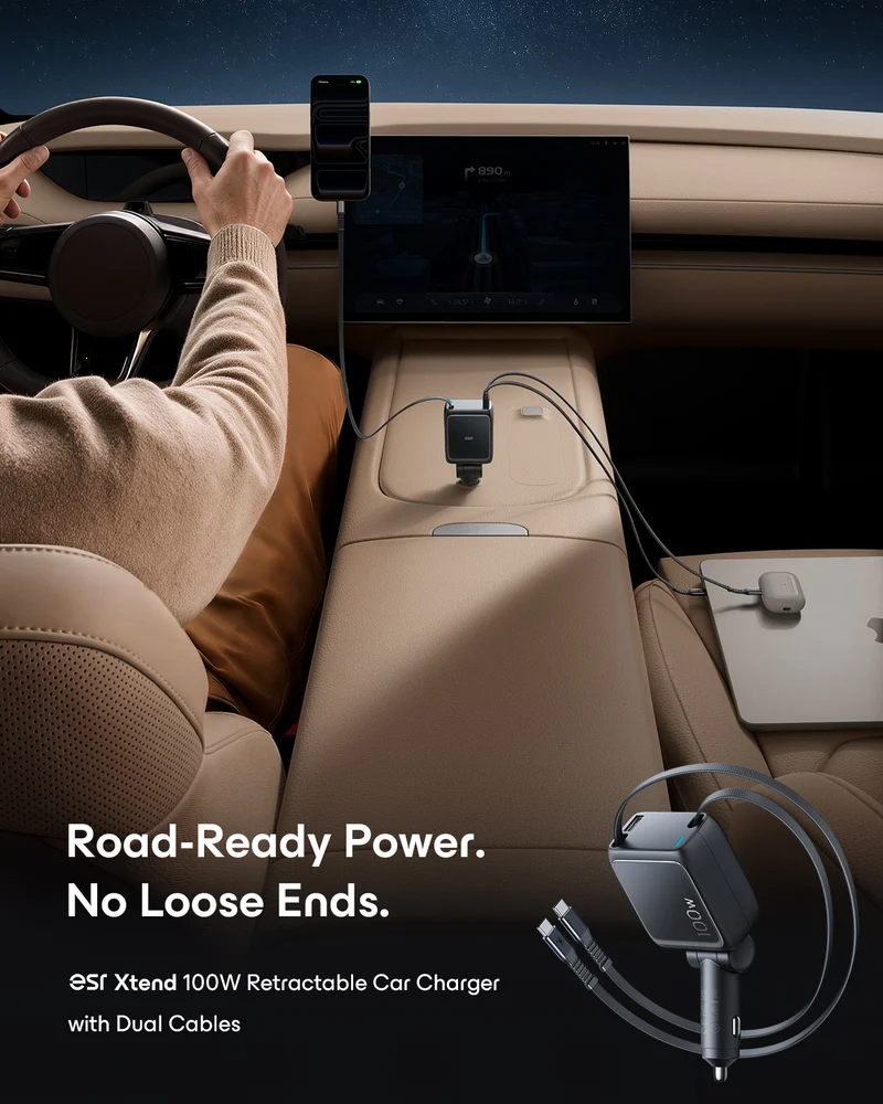 Xtend 100W Retractable Car Charger with Dual Cables - Black