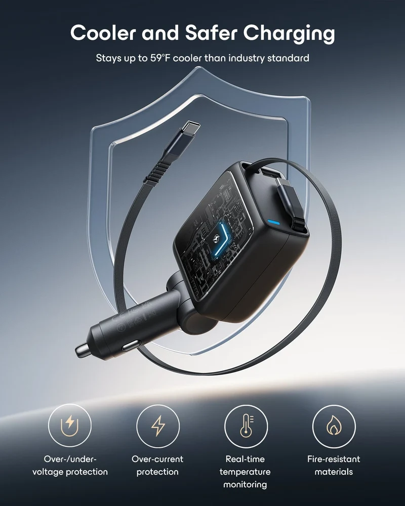 Xtend 100W Retractable Car Charger with Dual Cables - Black