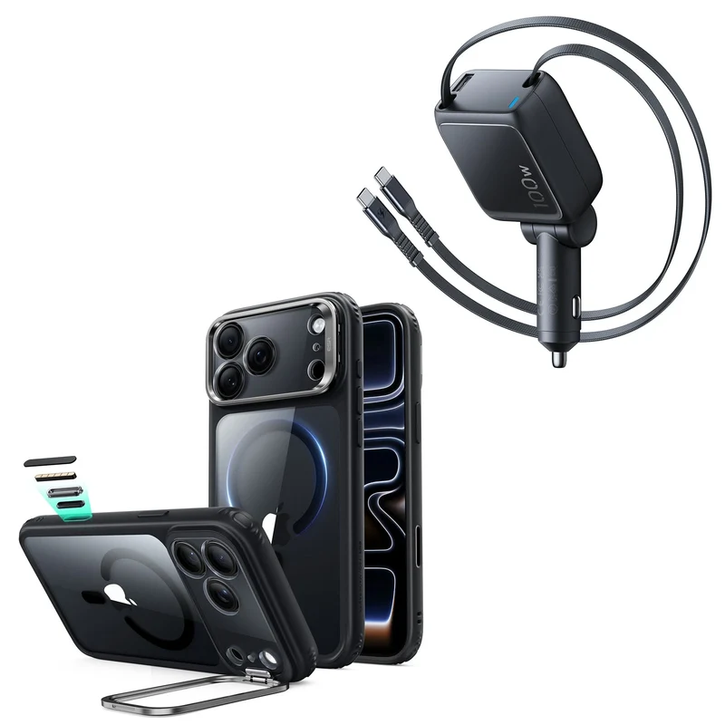 iPhone 18 Pro Max Classic Hybrid Magnetic Case with Camera Control and Flex Stand, Plus Xtend 100W Retractable Car Charger Bundle - Clear Black