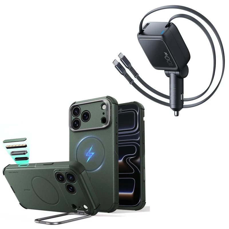 iPhone 18 Pro Cyber Tough Magnetic Case with Camera Control and Flex Stand, Plus Xtend 100W Retractable Car Charger Bundle - Olive Green