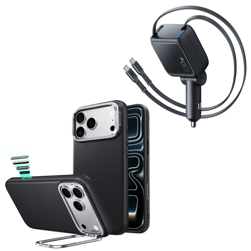 iPhone 18 Pro Atelier Silicone Leather Magnetic Case with Camera Control and Flex Stand, Plus Xtend 100W Retractable Car Charger Bundle - Black