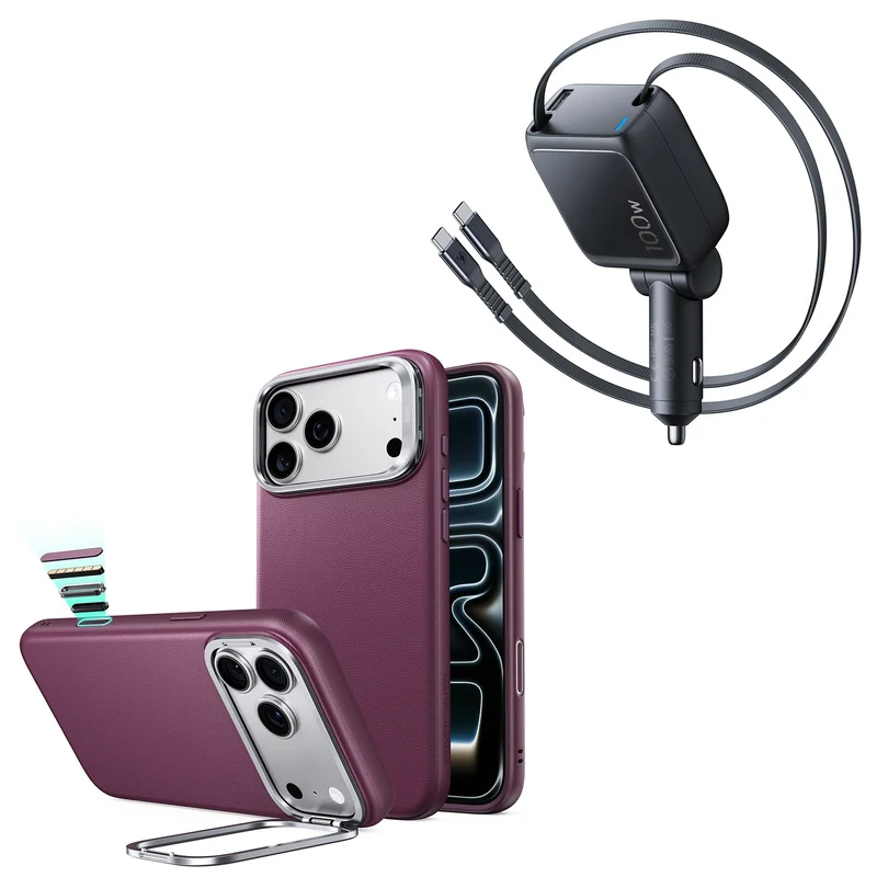 iPhone 18 Pro Max Atelier Silicone Leather Magnetic Case with Camera Control and Flex Stand, Plus Xtend 100W Retractable Car Charger Bundle - Deep Burgundy