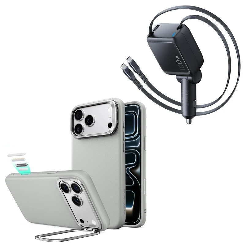 iPhone 18 Pro Max Atelier Silicone Leather Magnetic Case with Camera Control and Flex Stand, Plus Xtend 100W Retractable Car Charger Bundle - Gray