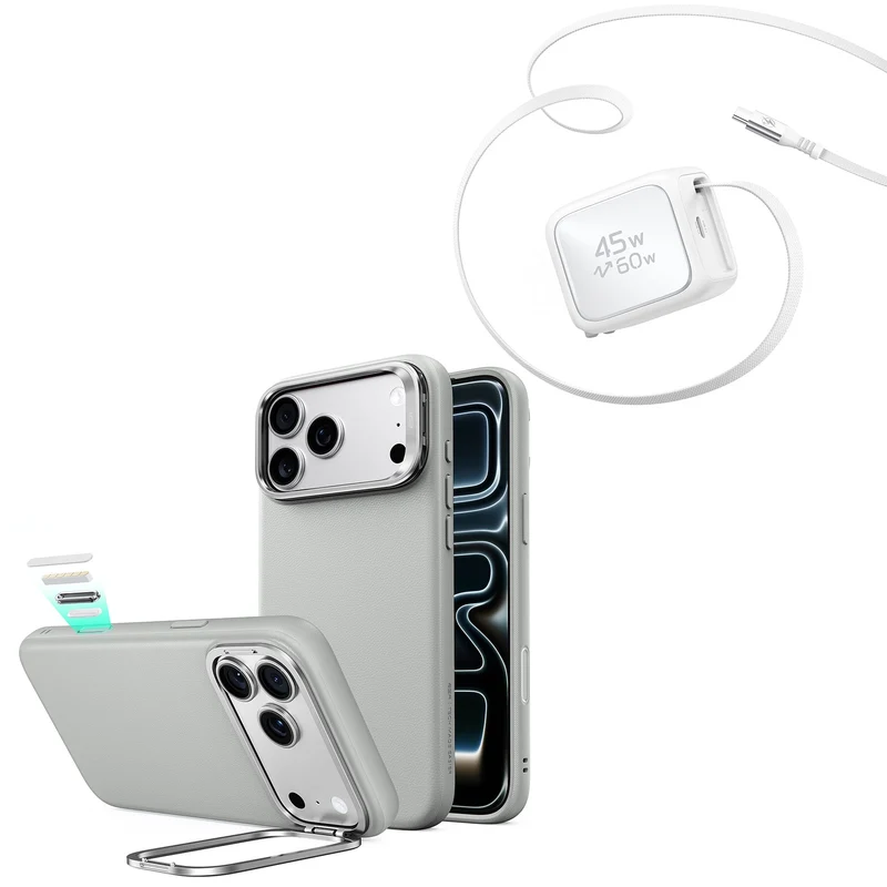 iPhone 18 Pro Atelier Silicone Leather Magnetic Case with Camera Control and Flex Stand, Plus Xtend 45W Retractable Charger Bundle - Gray