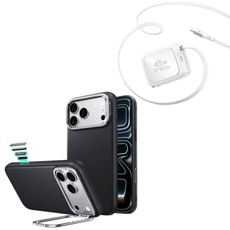 iPhone 18 Pro Atelier Silicone Leather Magnetic Case with Camera Control and Flex Stand, Plus Xtend 45W Retractable Charger Bundle - Black