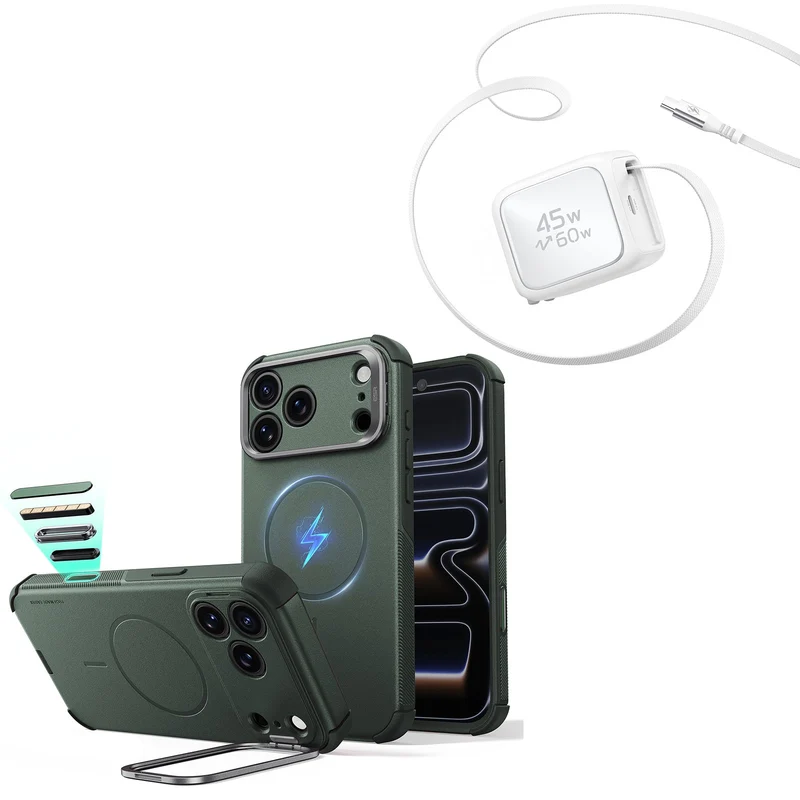 iPhone 18 Pro Cyber Tough Magnetic Case with Camera Control and Flex Stand, Plus Xtend 45W Retractable Charger Bundle - Olive Green