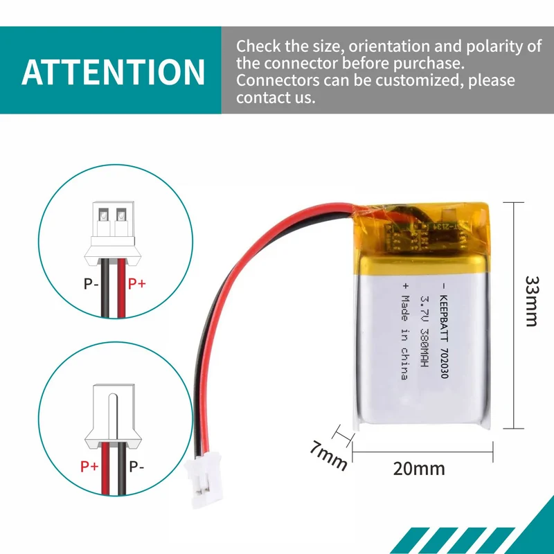 702030 Lipo 3.7V 380mAh Rechargeable Lithium Polymer Battery for GPS