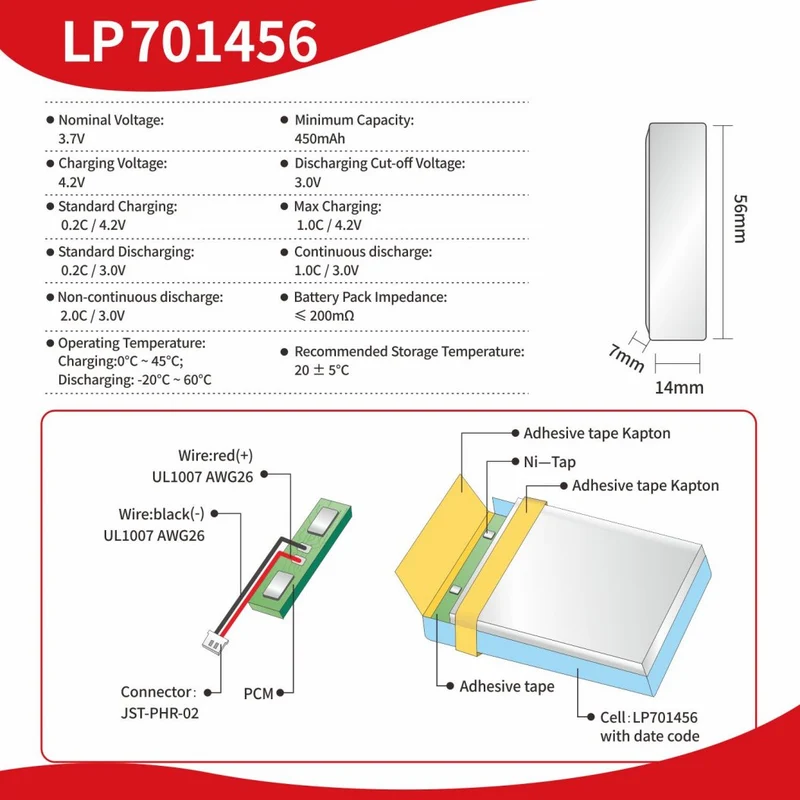 701456 Lipo 3.7V 450mAh Rechargeable Lithium Polymer Battery for E-Reader