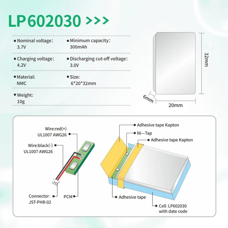 602030 Lipo 3.7V 300mAh Lithium Polymer Battery for Bluetooth Headsets