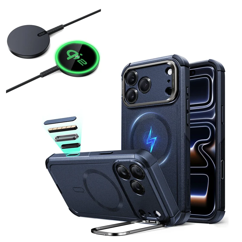 iPhone 17 Pro Bundle Cyber Tough Magnetic Case (Camera Control, Stash Stand) and Magnetic Charging Pad (Qi2) - Navy Blue