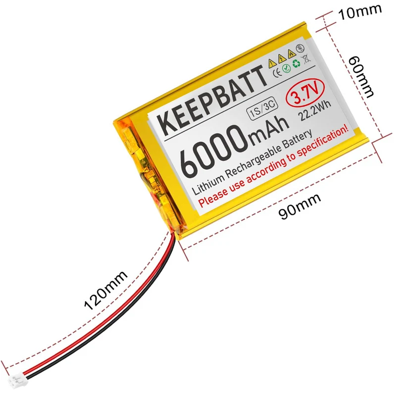 3.7V 6000mAh 906090 LiPo Battery Rechargeable 1S 3C with Protection Board PH2.0A Plug for Arduino ESP32 Board RPI Battery Pack