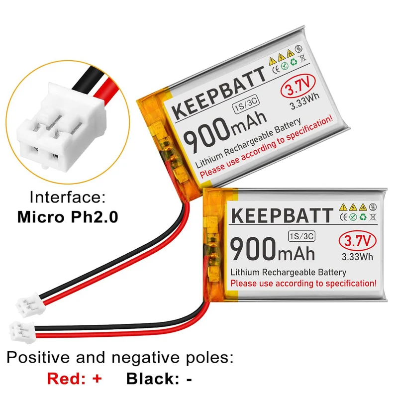 3.7V 900mAh 603450 LiPo Battery Rechargeable 1S 3C with Dual Battery PCB Micro PH2.0 Plug for IoT PDA Camera GPS Smart Development