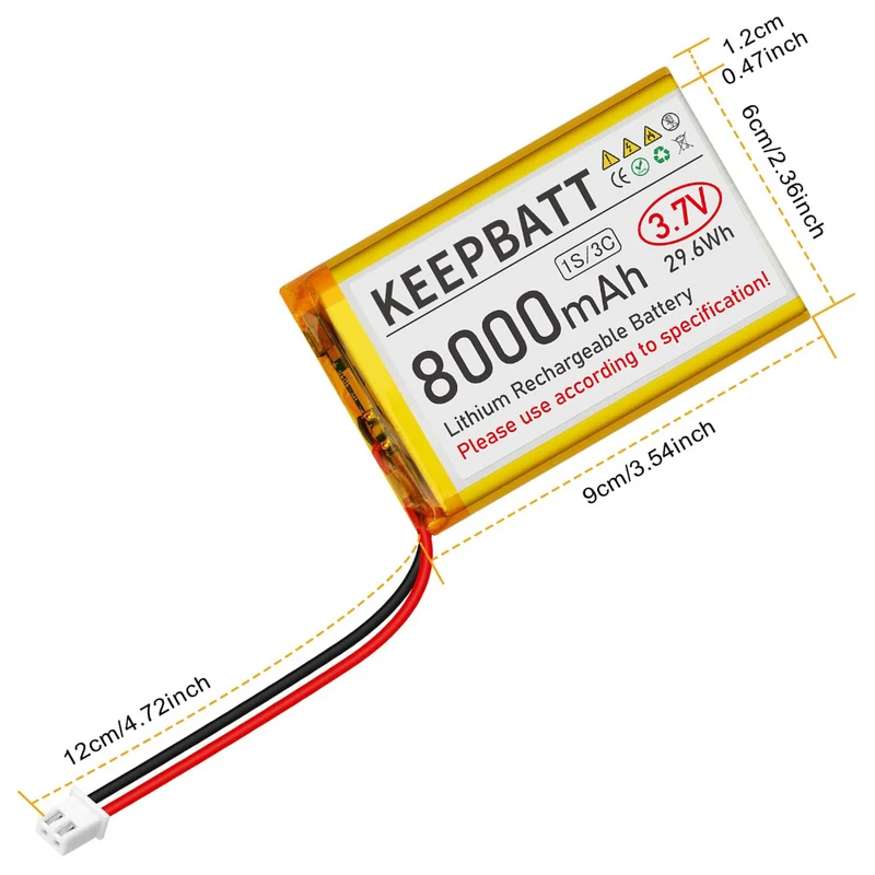 3.7V 8000mAh 126090 LiPo Battery Rechargeable 1S 3C with Dual PCB Micro JST PH 2.54 Plug for GPS Drone Multiple Device