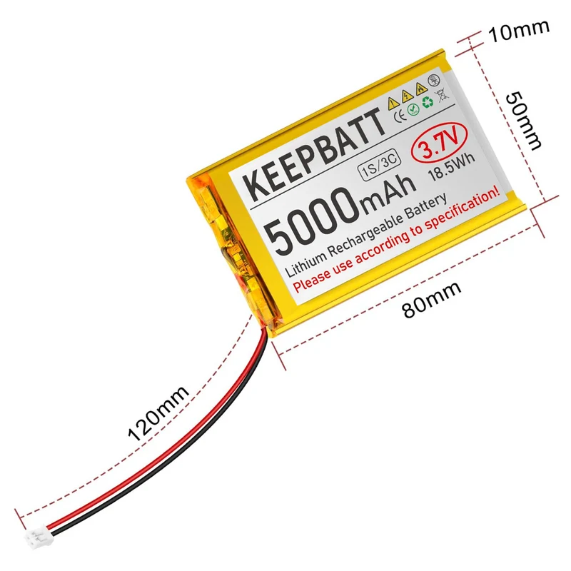 3.7V 5000mAh 105080 LiPo Battery Rechargeable 1S 3C with PCB PH2.0 Plug for Arduino ESP32 Board RPI