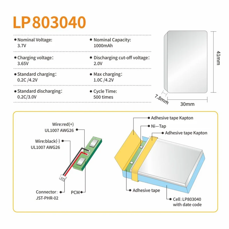 803040 Lipo 3.7V 1000mAh Rechargeable Lithium Polymer Battery for GPS