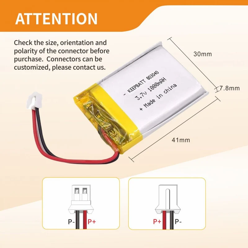 803040 Lipo 3.7V 1000mAh Rechargeable Lithium Polymer Battery for GPS